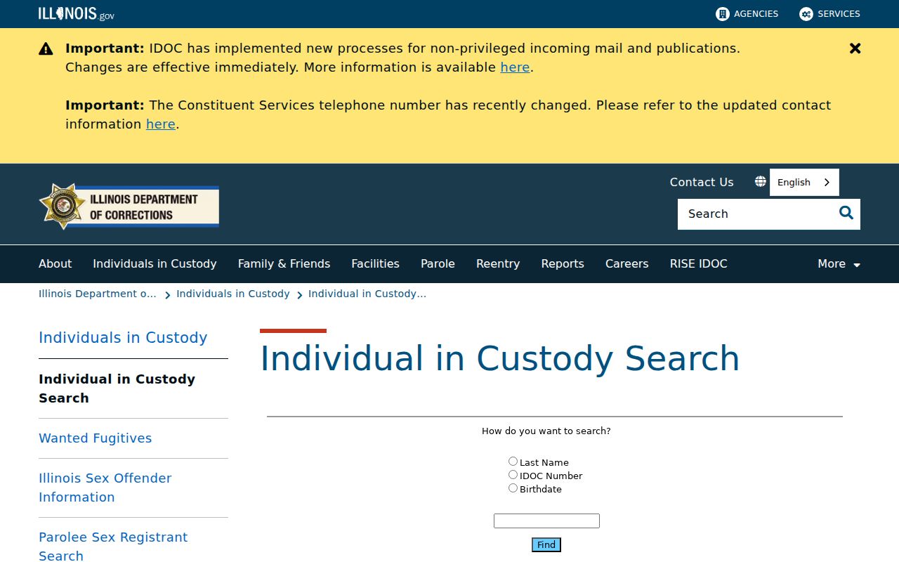Illinois IDOC Individual in Custody Search